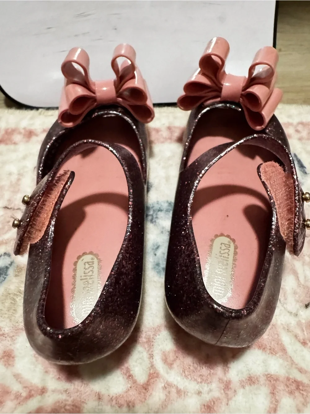 Mini Melissa Glitter Mary Janes in Burgundy with Pink Bows